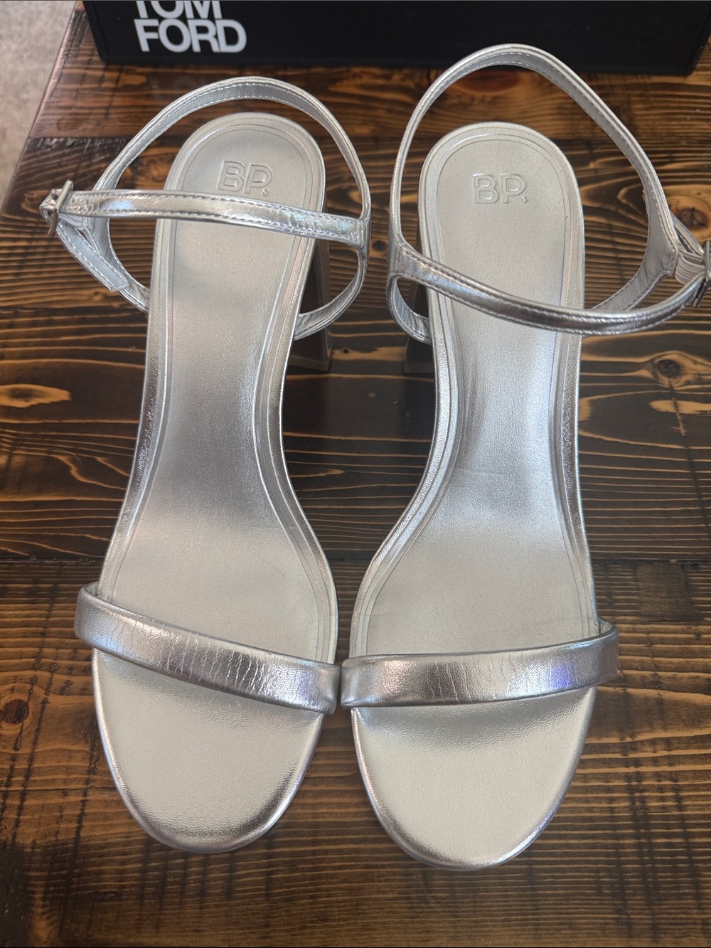 BP brand silver metallic slingback block heel sandals